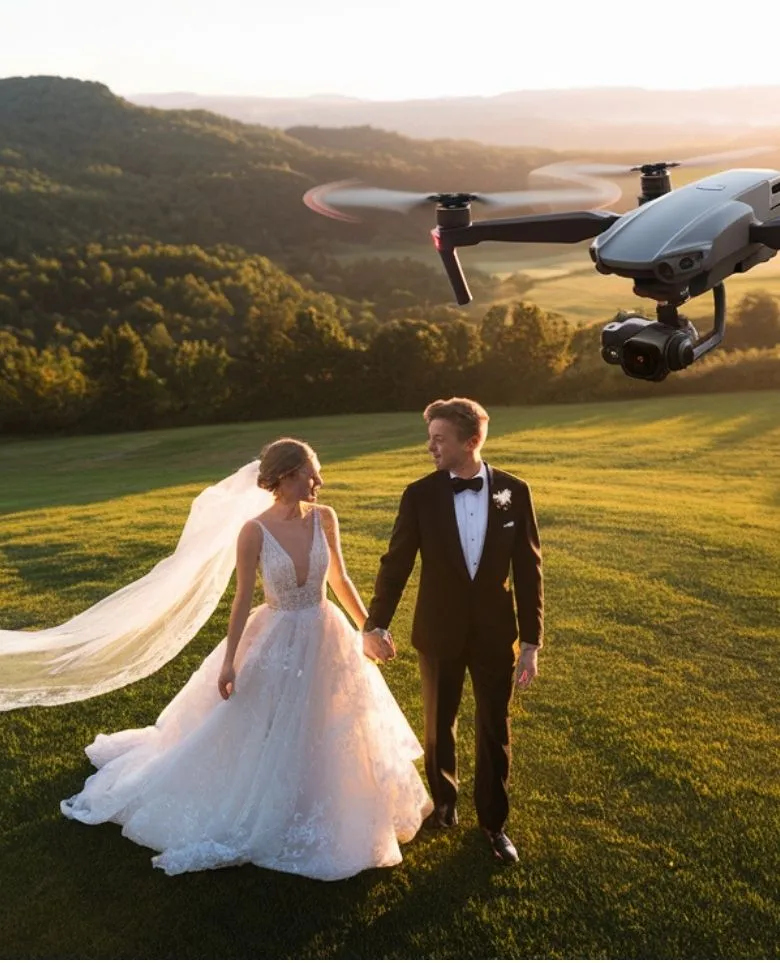 Bride and groom holding hands on a grassy hilltop at golden hour as a camera drone hovers nearby