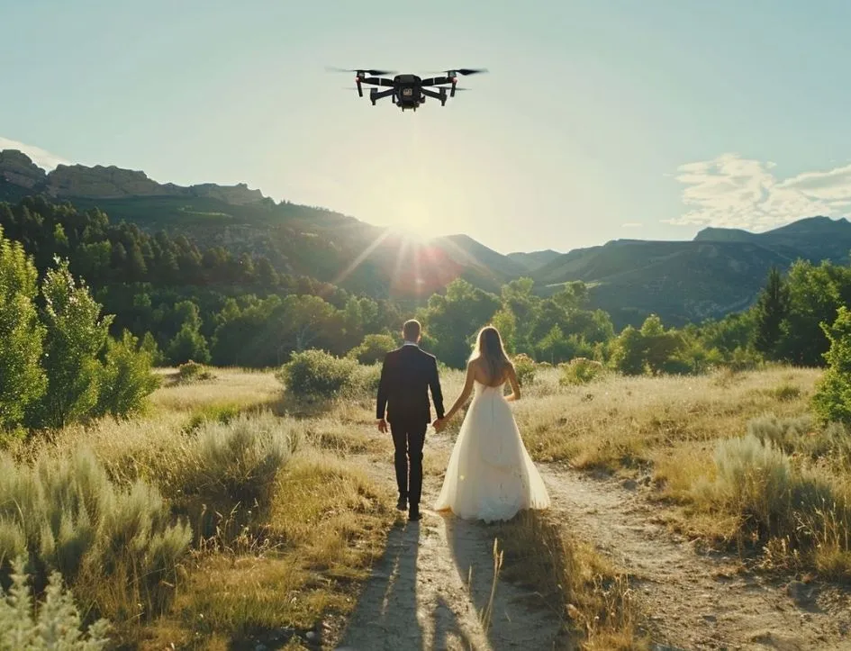 Bride and groom walking hand in hand down a sunlit trail as a camera drone films them from above