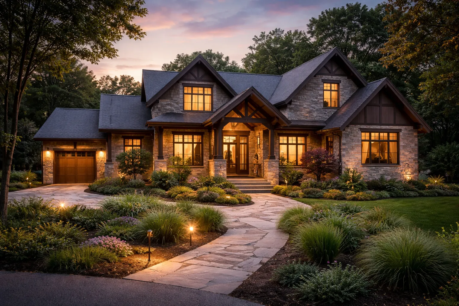 Twilight real estate photo of a stone craftsman-style home with glowing windows and a lit flagstone path