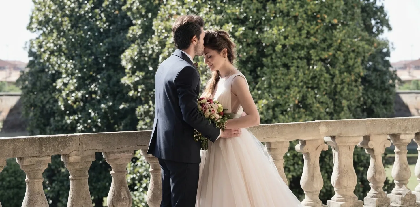 Groom kissing his bride’s forehead on a stone balcony as she holds her wedding bouquet